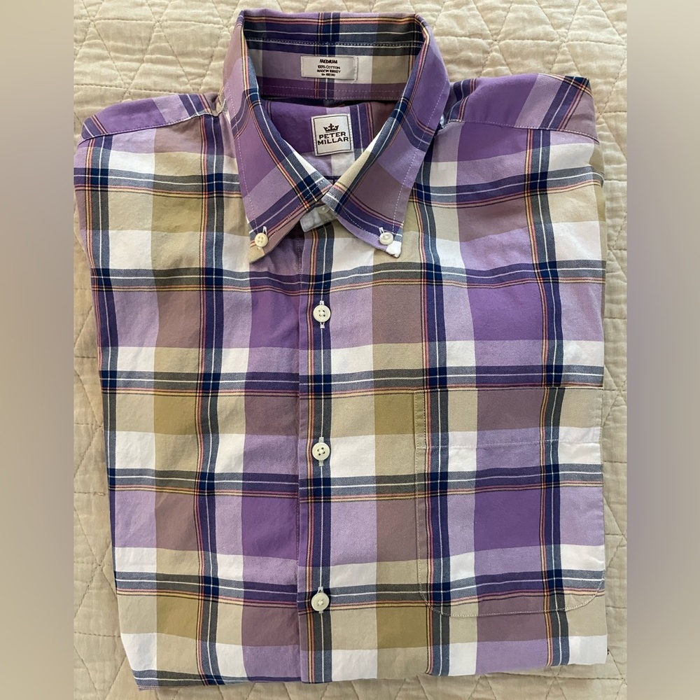 PETER MILLAR Button Down Collar Check Oxford Sport Shirt in Purple Size M $160